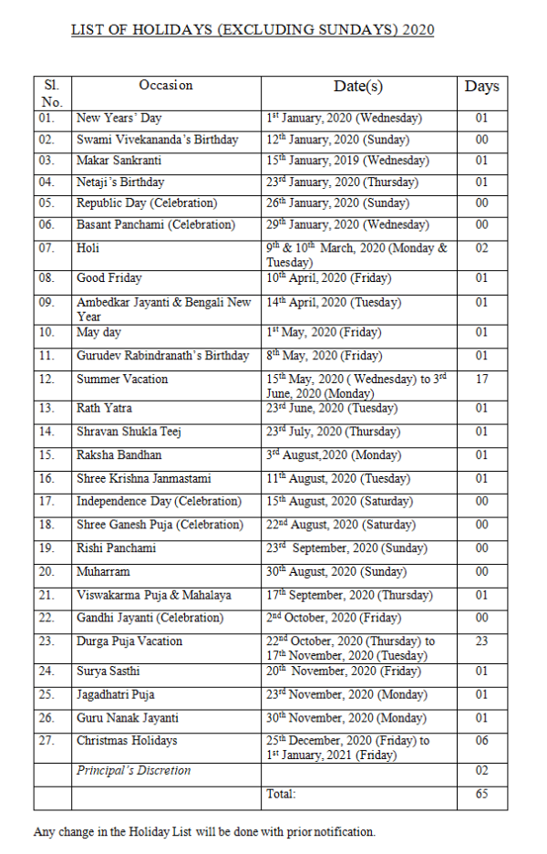 Holiday Notices & Updates Aditya Birla Vani Bharati School, Rishra