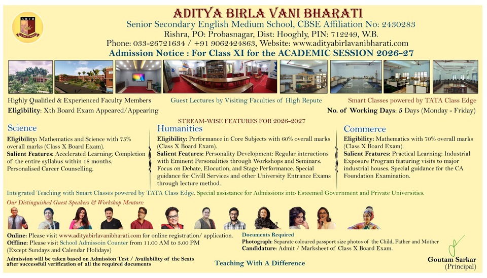 Admission Open 2026–27 | Best CBSE School in Hooghly (Rishra) – Aditya Birla Vani Bharati